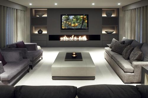 Гостиная с большим телевизором: для дивана зона и фото интерьера, дизайн угла и зал в центре квартиры