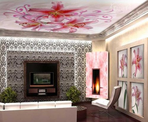 Натяжные потолки с рисунком для гостиной (зала) - различные варианты, фото