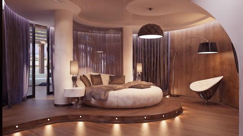 Спальня с эркером: дизайн диванов со спальным местом, фото интерьера, одноэтажный дом с тремя окнами