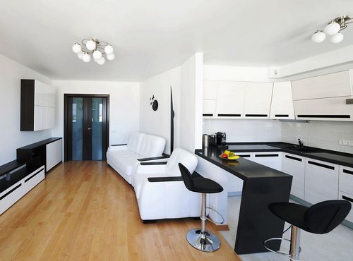 Угловая кухня в кухне-гостиной: фото с диваном, совмещение с круглым столом, полукруглый дизайн