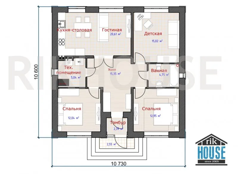 План дома 9 на 12 одноэтажный с тремя спальнями
