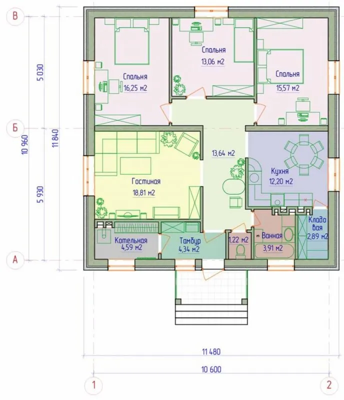 Планировка одноэтажного дома 115 м2