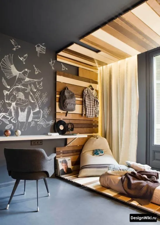 Стильный дизайн комнаты мальчика подростка с черными стенами и потолком