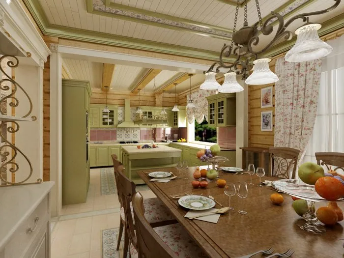 Интерьер кухни-гостиной в стиле Прованс в загородном доме