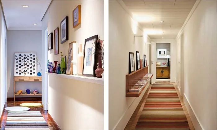 Один из самых лучших вариантов - это украшение длинного коридора при помощи необычных полок, что понравятся.