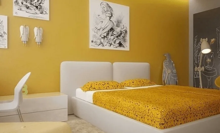 желтые обои в спальне фото