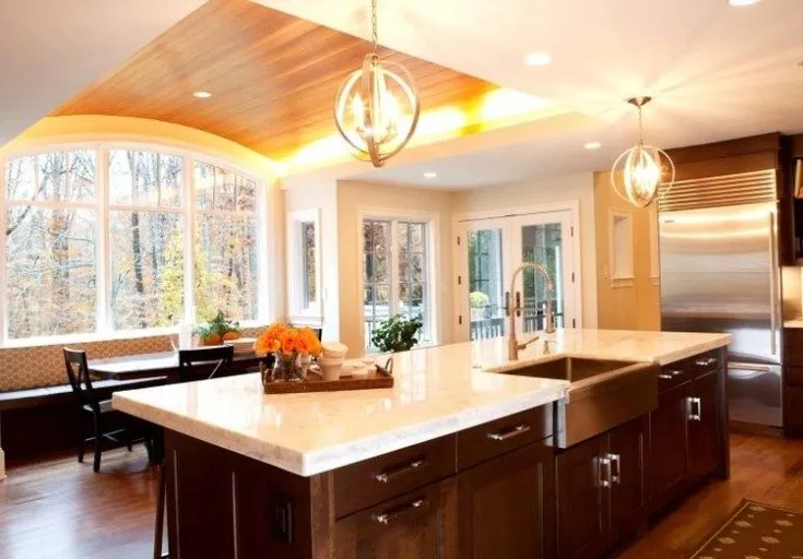 (+67 фото) Двухуровневый потолок на кухне из гипсокартона