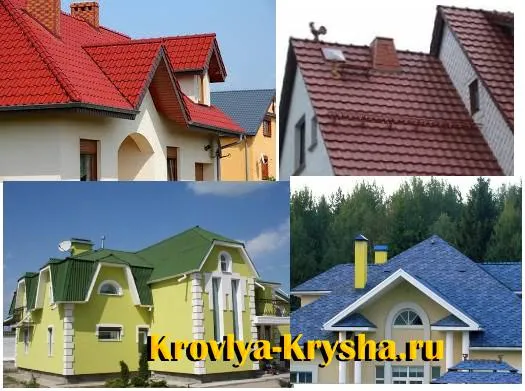 Пример дома с синей, коричневой, зеленой и серой крышей