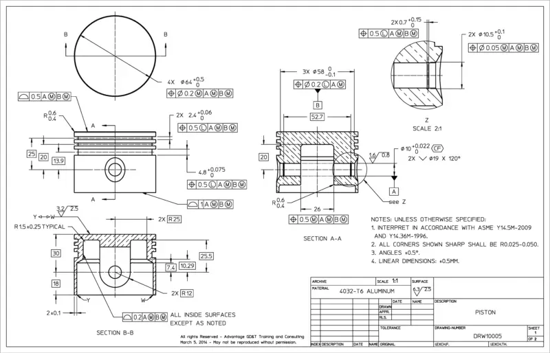 Технический чертеж построен на основе американского стандарта (ASME) серии Y14. Готовый чертеж.