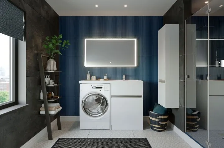 Многие производители мебели предлагают гарнитуры для ванной, где предусмотрено место для стиральной машинки