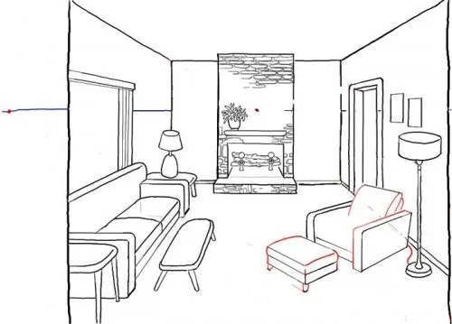 Эскиз дизайна гостиной в черно-белом цвете