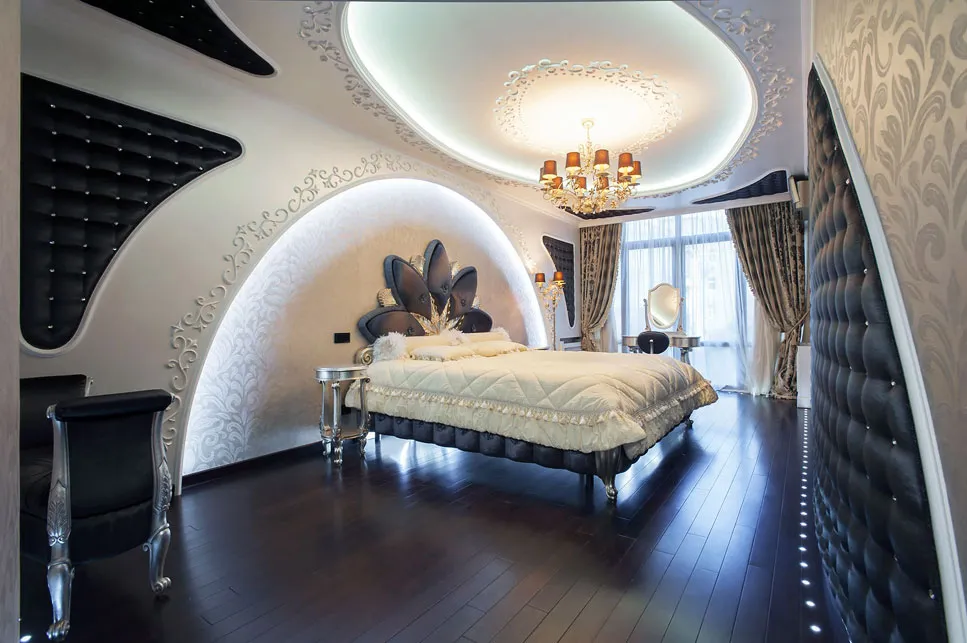 Фото арки из гипсокартона над кроватью