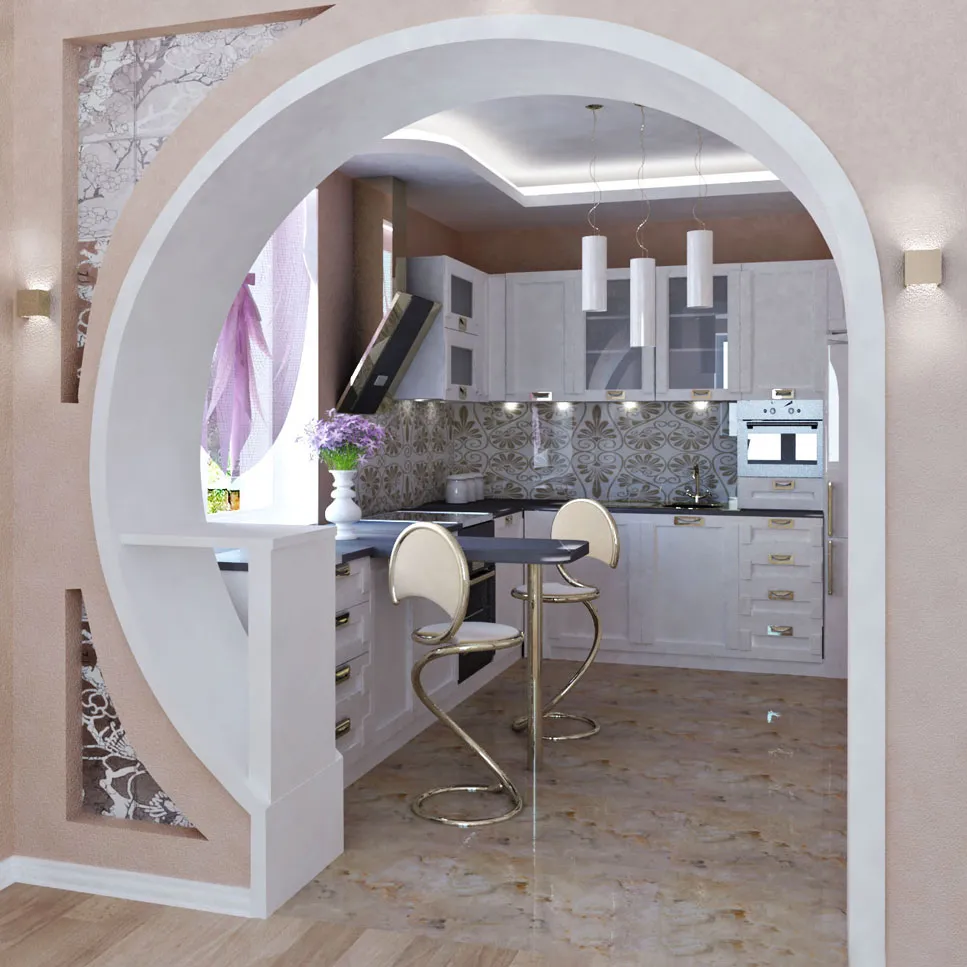 Фото гипсокартонной арки из кухни в гостинную