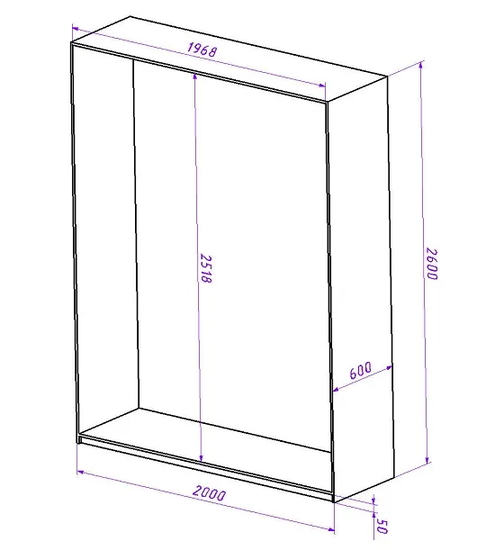 Проектирование шкафа-купе начинают с определения его габаритов. Зная габариты шкафа и учитывая высоту цоколя 5 см, а также ширину ЛДСП 16 мм, можно точно определить размеры внутренней части шкафа. Эти размеры необходимы для проектирования наполнения шкафа-купе и изготовления дверей-купе.