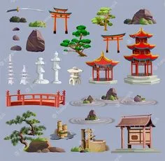 Premium Vector | Ancient japan culture objects big set with pagoda, temple, ikebana, bonsai, trees, stone, garden, japanese lantern, watering can isolated illustration. japan set collection