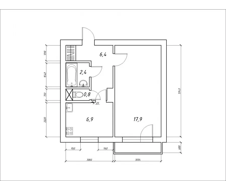 План БТИ 1 комнатной квартиры хрущевки 31 кв