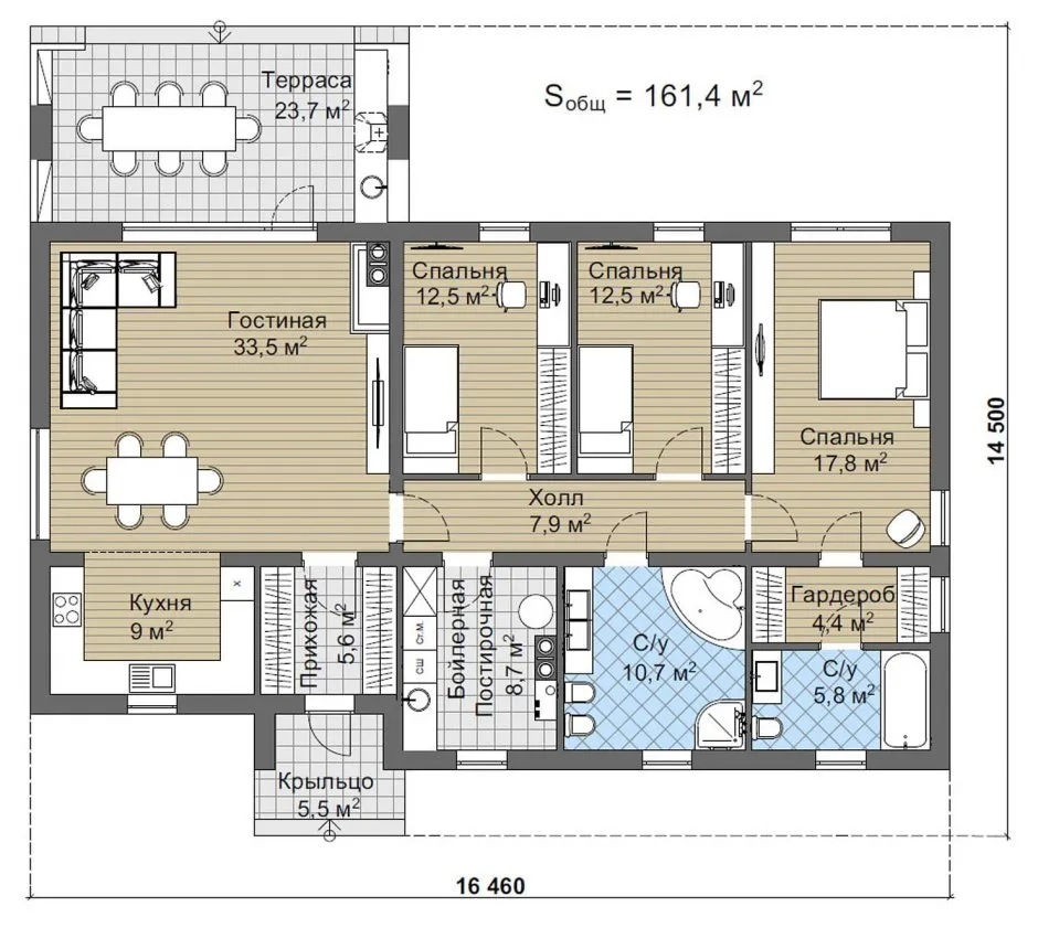 Проект одноэтажного дома с 4 спальнями