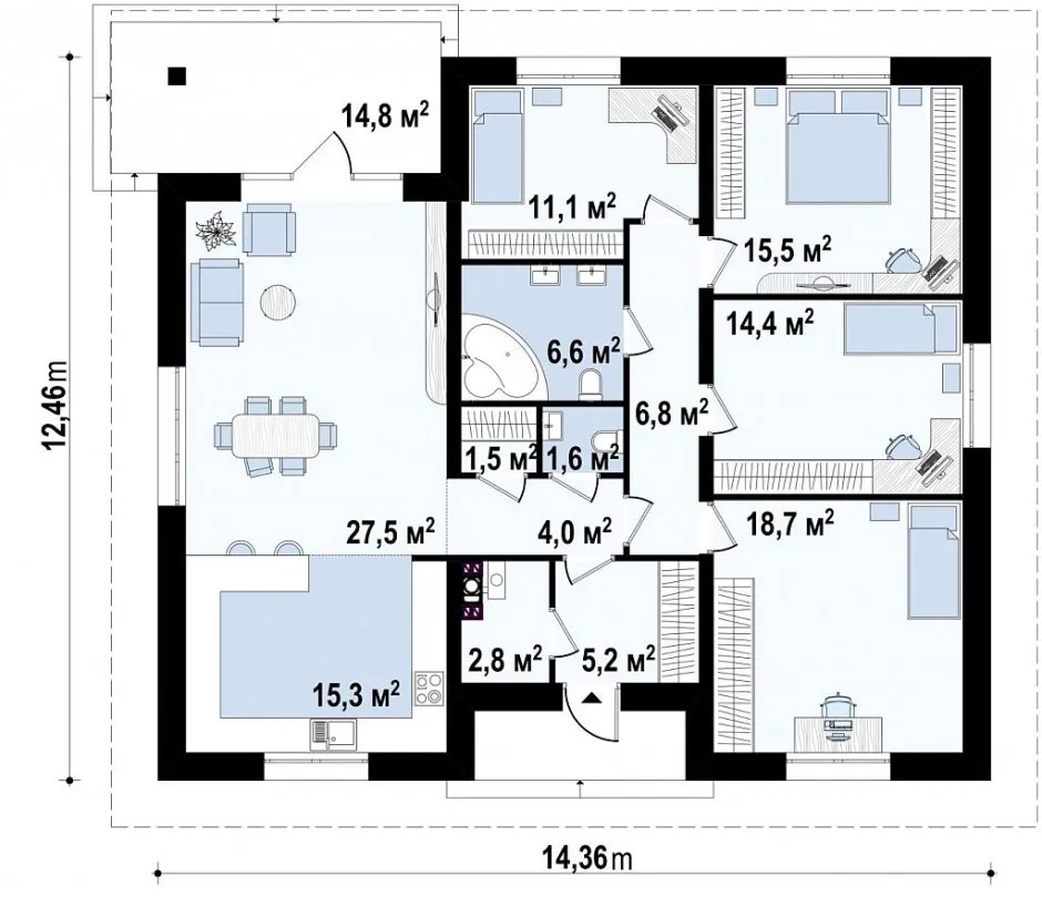 Планировка одноэтажного каркасного дома с 2 спальнями