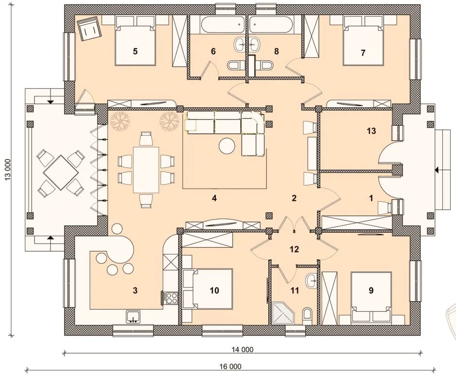 Одноэтажный дом 160м2 планировка с 4 спальнями