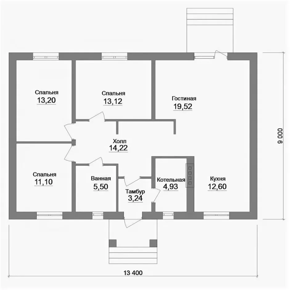 План дома 10 на 13 одноэтажный с 3 спальнями и котельной схема