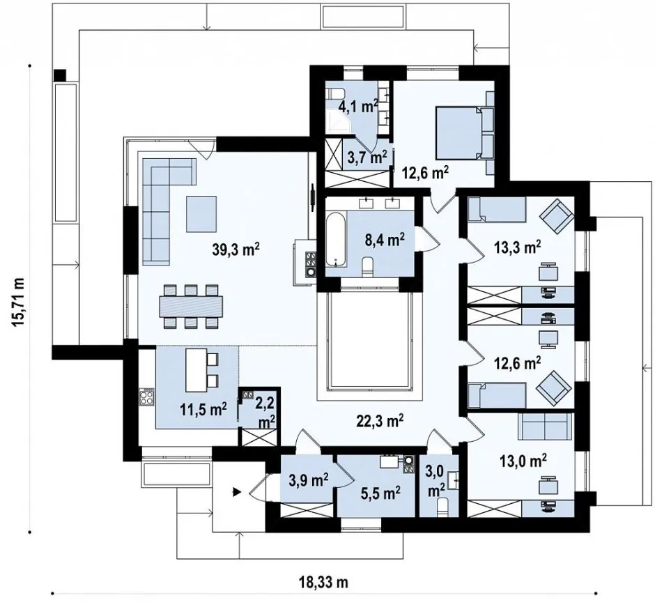 Одноэтажный дом с тремя спальными