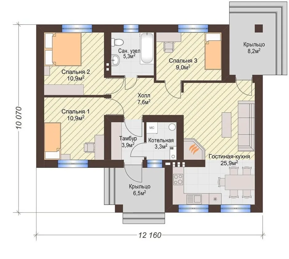 Планировка одноэтажных домов 11 на 11 с тремя спальнями