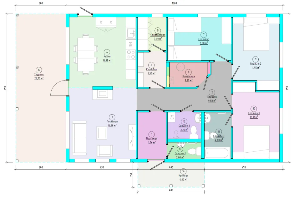 Планировка дома 12х12 одноэтажный с 3 спальнями