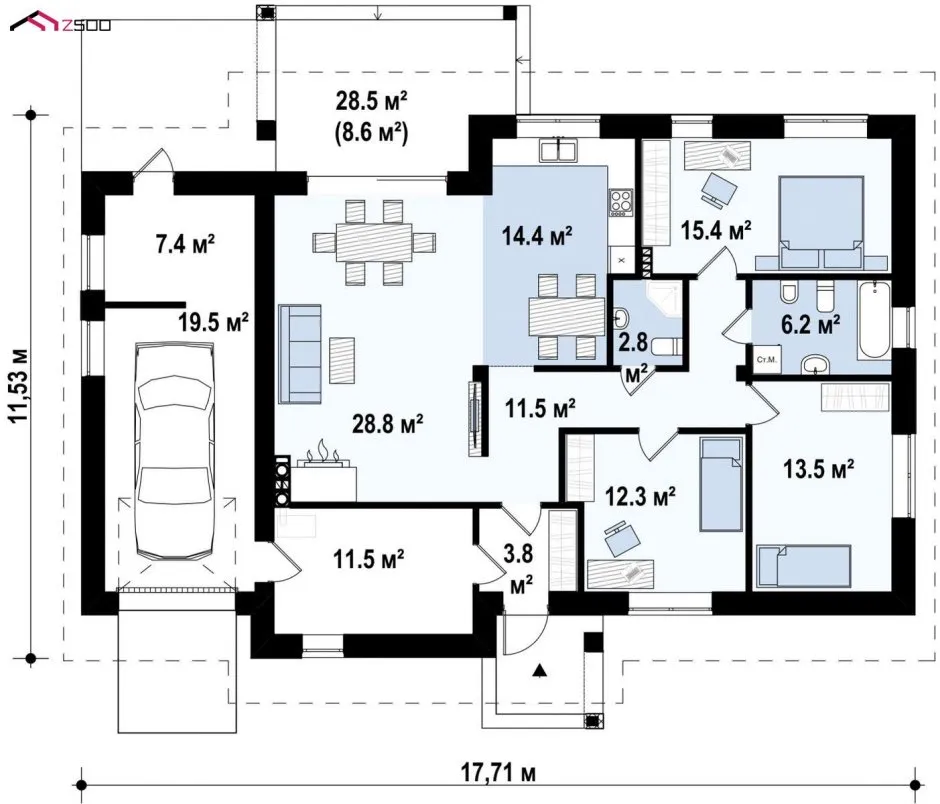 Проекты одноэтажных домов с 3 спальнями и гаражом