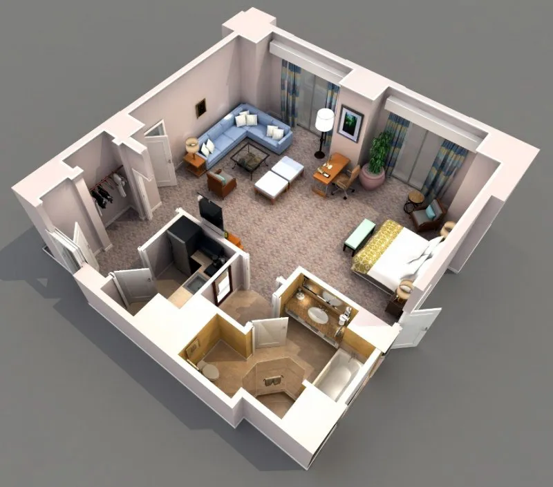 3-D визуализация однокомнатной прямоугольной квартиры-студии