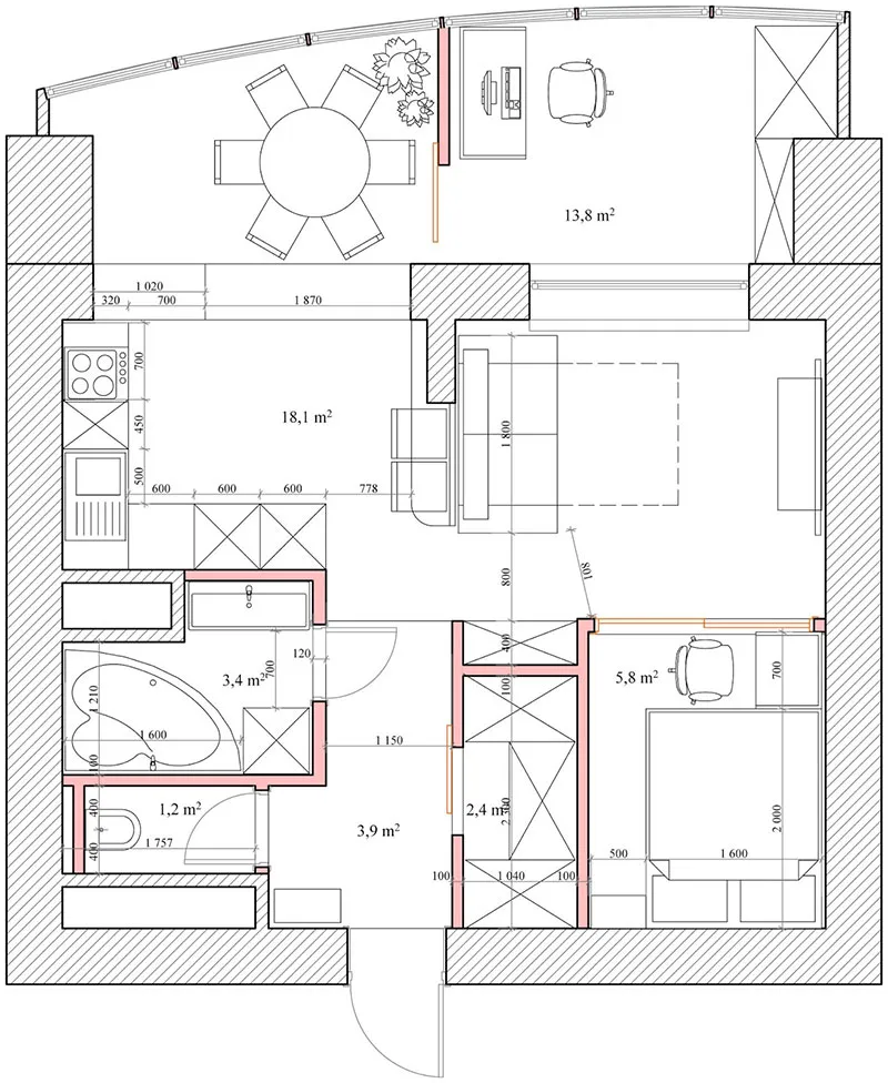 Пример перепланировки угловой квартиры с одной комнатой площадью 50 м2