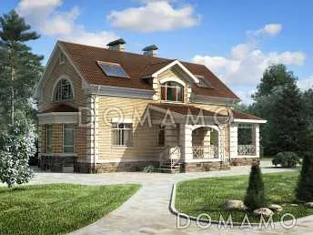 Проект гармоничного, кирпичного дома с эркером, сауной и коричневой крышей