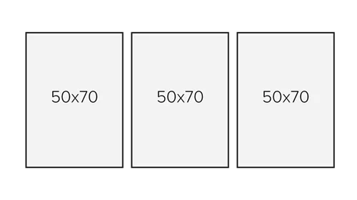 Вариант для 3 фотографий, равных размеров: ширина композиции 158 см (включая интервалы); общая высота 70 см; расстояния между рамами 4 см.