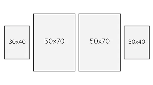 Вариант для 4 фотографий: ширина композиции 172 см (включая интервалы); общая высота 70 см; расстояния между рамами 4 см.