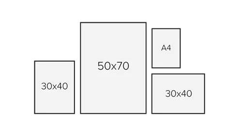 Вариант для 4 фотографий: ширина композиции 128 см (включая интервалы); общая высота 70 см; расстояния между рамами 4 см.