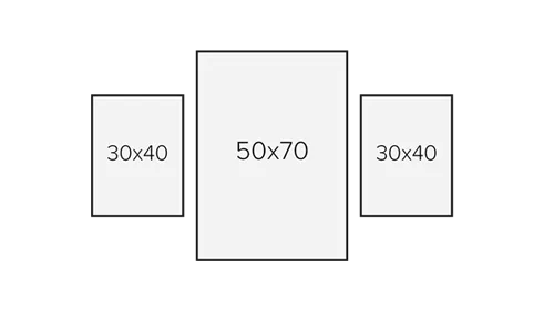 Вариант для 3 фотографий разных размеров: ширина композиции 118 см (включая промежутки); общая высота 70 см; расстояния между рамами 4 см.