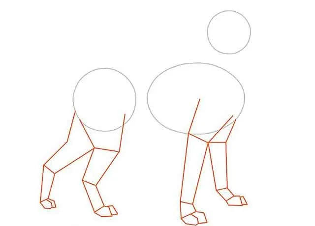 Как нарисовать мультяшную взрослую собаку - Нарисуйте ноги собаки, выходящие из овала и большего круга.
